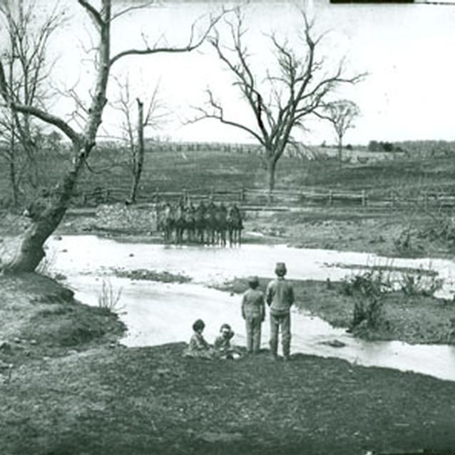 Photograph of young children looking at soldiers on horseback