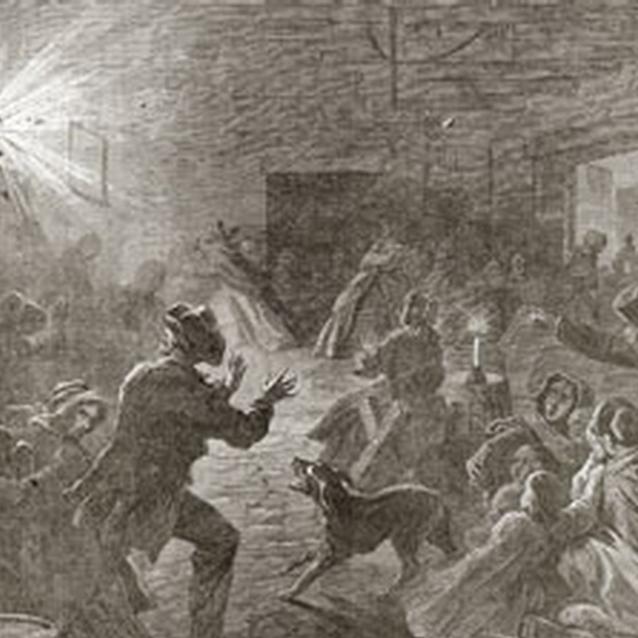 Print of civilians hiding in a building during an attack Print of civilians hiding in a building during an attack