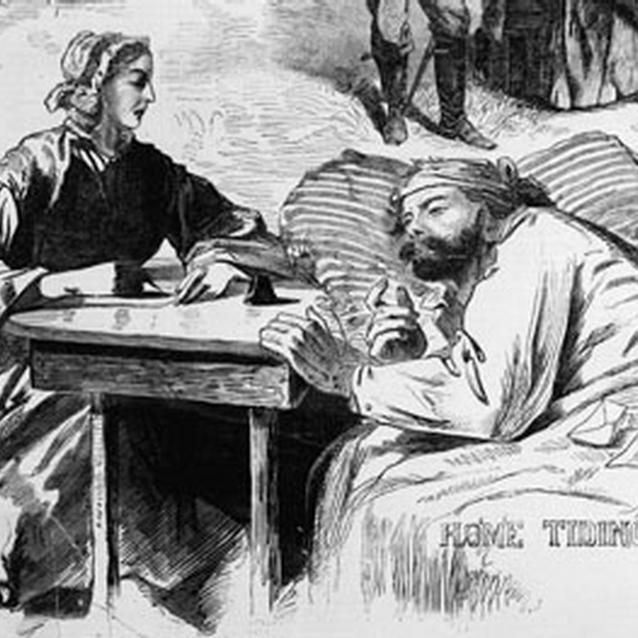 Print of a woman helping a sick soldier Print of a woman helping a sick soldier