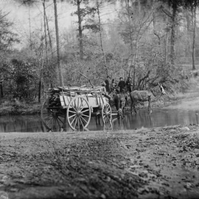 Photograph of mules pulling a cart through a brook Photograph of mules pulling a cart through a brook