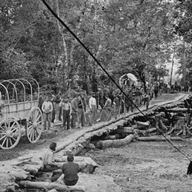 Photograph of Union troops crossing the Chickahominy River towards Richmond, May 1862