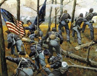Painting showing troops attacking during the Battle of Shiloh