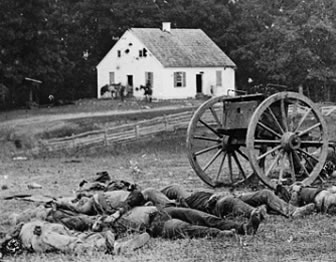 Wartime photograph of the Dunker Church on the Antietam battlefield.