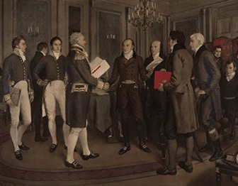 A British diplomat, holding a signed treaty, shakes hands with his American counterpart.