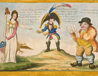 Columbia (US) reminds John Bull (Great Britain) and Napoleon (France) of American naval victories