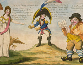 Political cartoon of US, France and Great Britain negotiating 