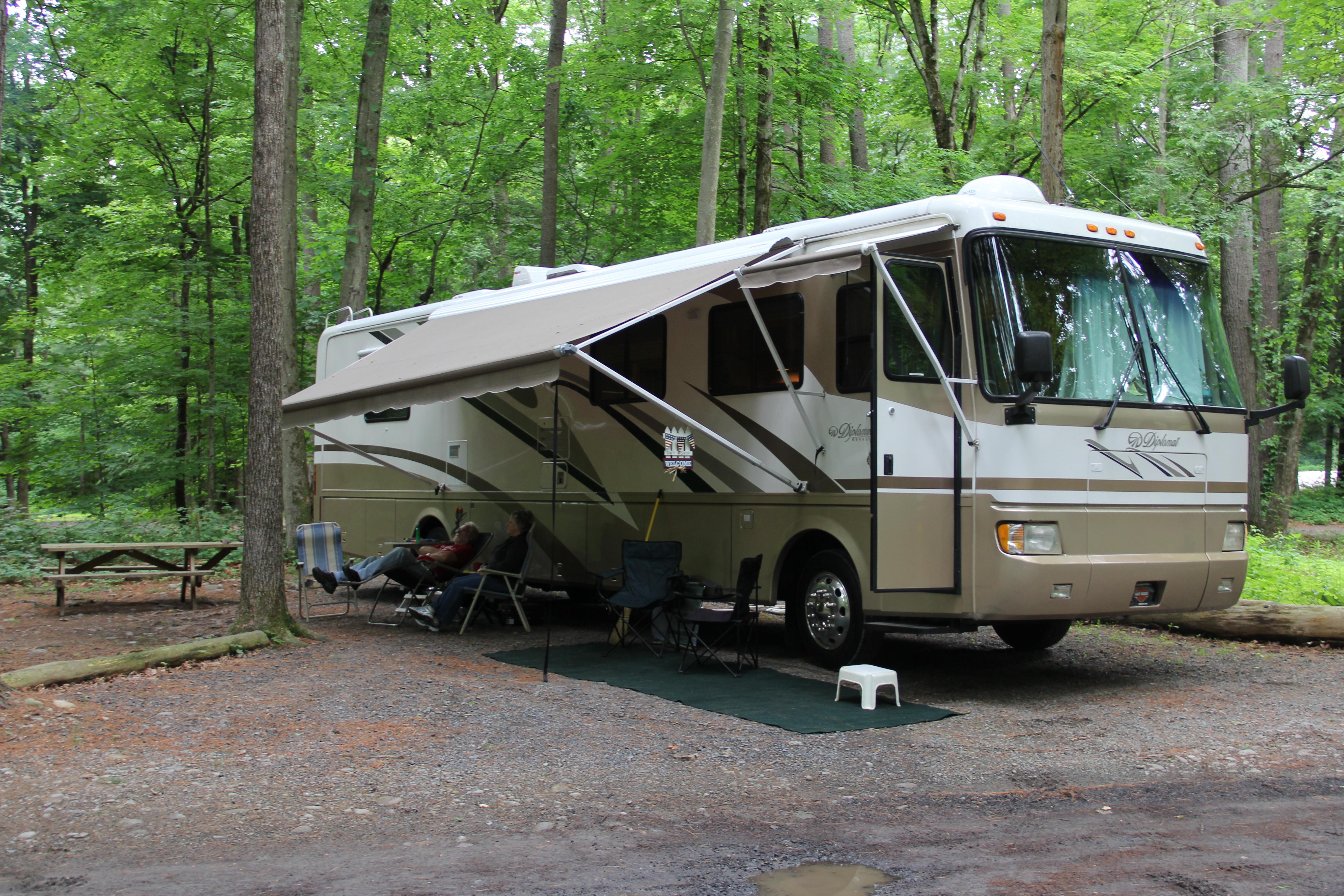 RV parked at a wooded campsite