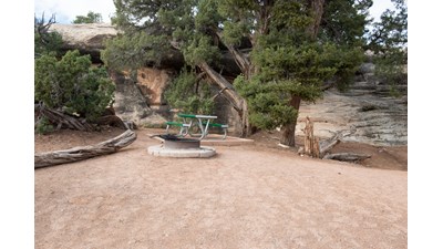 a campsite with a gravel surface, fire ring, and picnic table