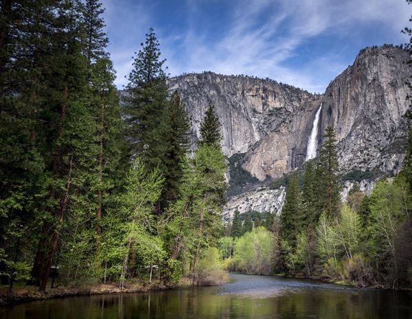 Upper Yosemite Fall above the Merced River in spring, the river the Mist Trail follows.