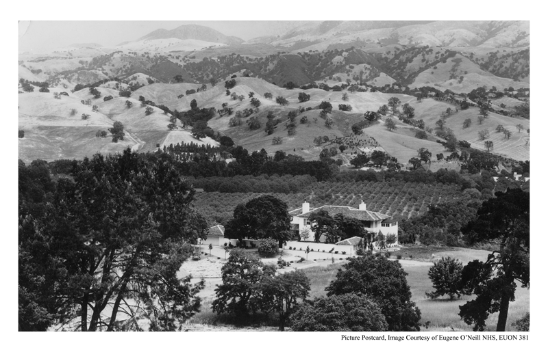 Post card print of Tao House, surrounding land and hills, view towards east.