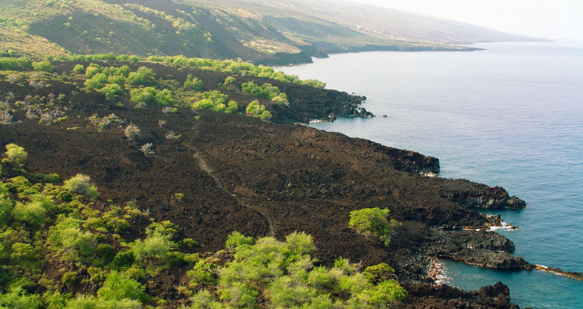 Aerial photograph of trail along the Hawaiian Coast