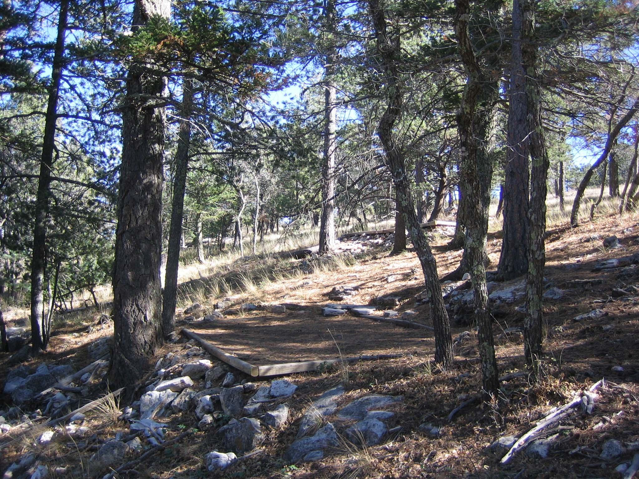 A hardened surface for a tent among rocks and trees
