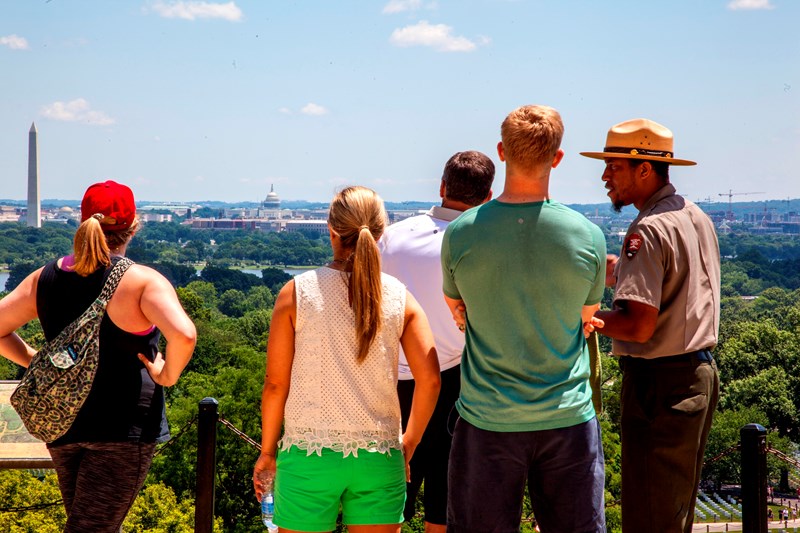 View from Arlington House A park ranger talks to people overlooking Washington, DC