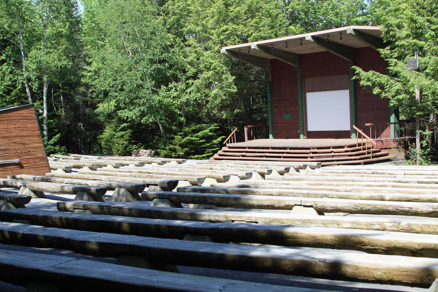 Wooden amphitheater stage with wooden benches