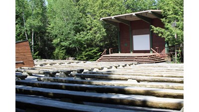 Wooden amphitheater stage with wooden benches