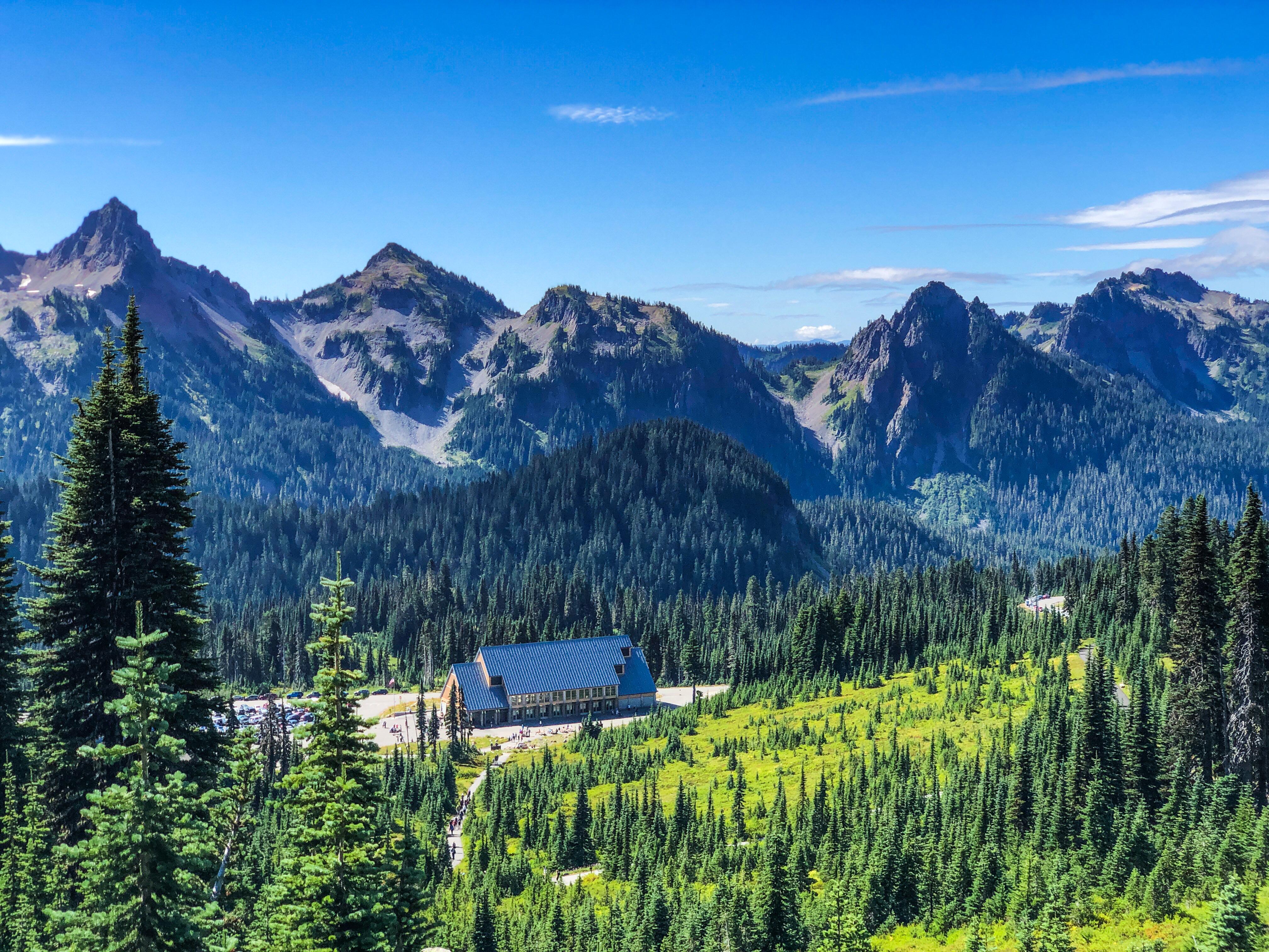 A big building sits surrounded by trees with a dark grey mountain range in the background.