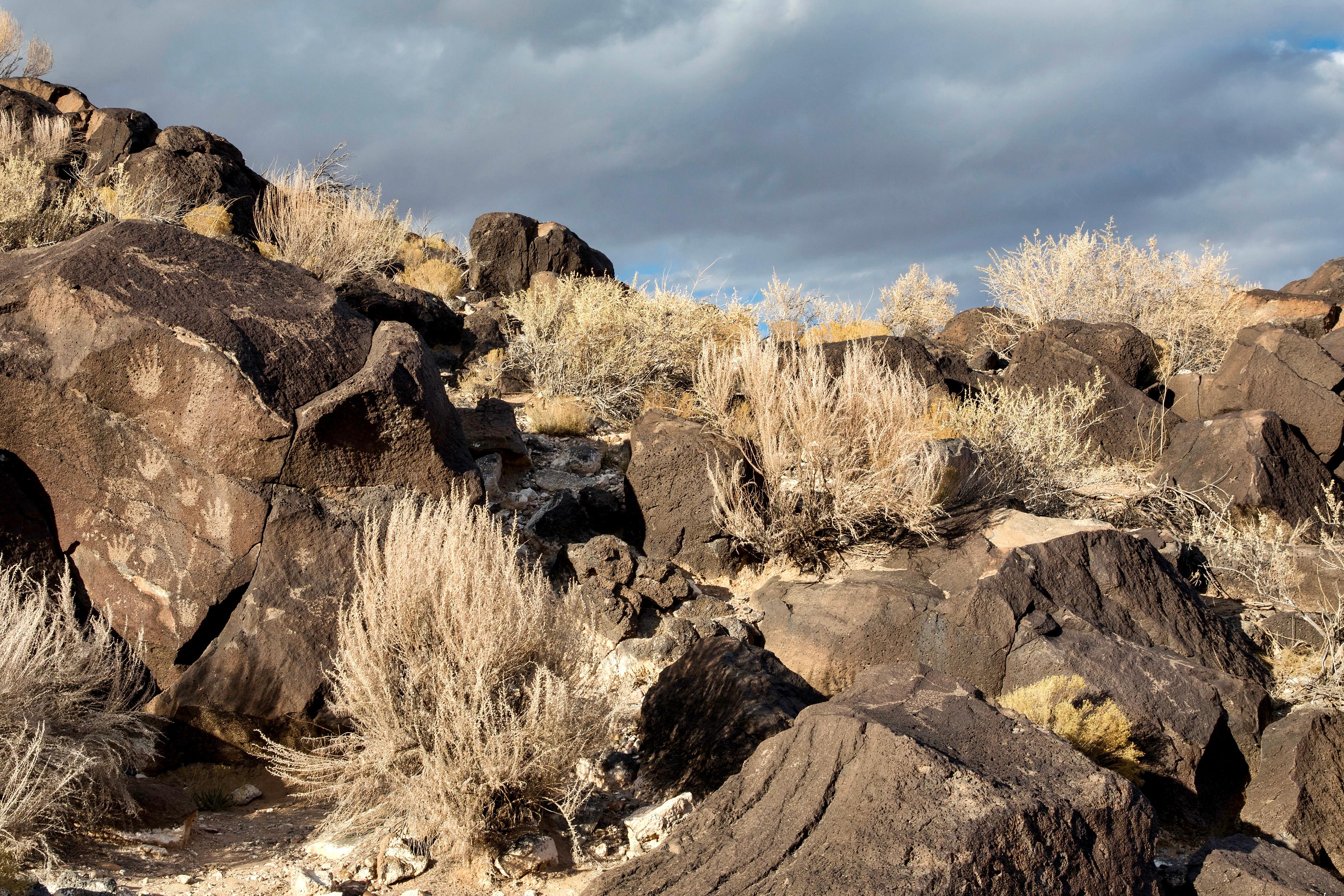 Petroglyphs on dark boulders with a cloudy sky.