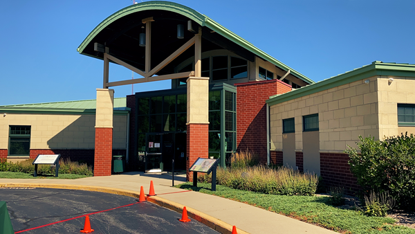 Sidewalk and driveway outside the exterior of the Indiana Dunes Visitor Center.