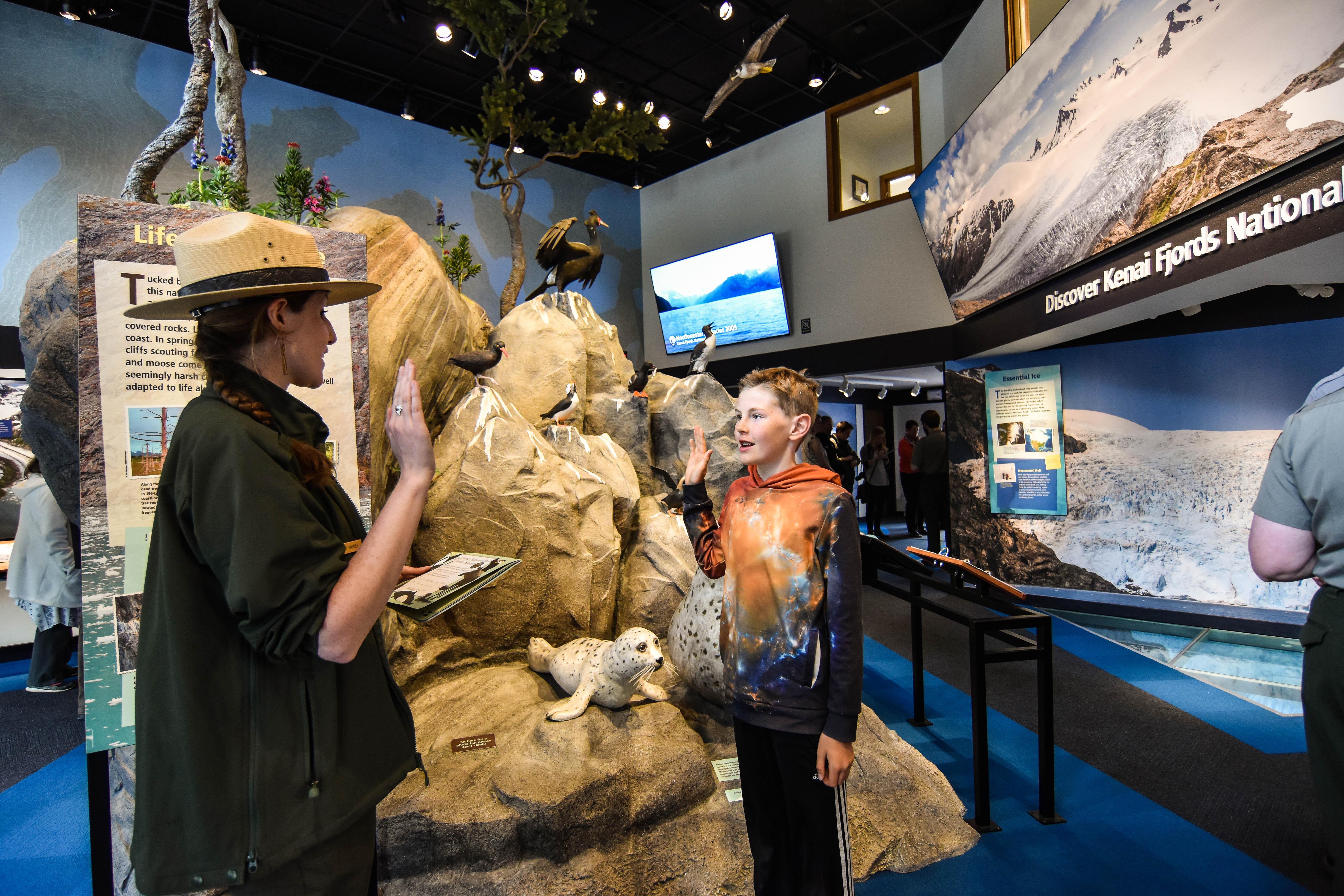 A park ranger swears in a junior ranger in front of an exhibit full of marine mammals and birds
