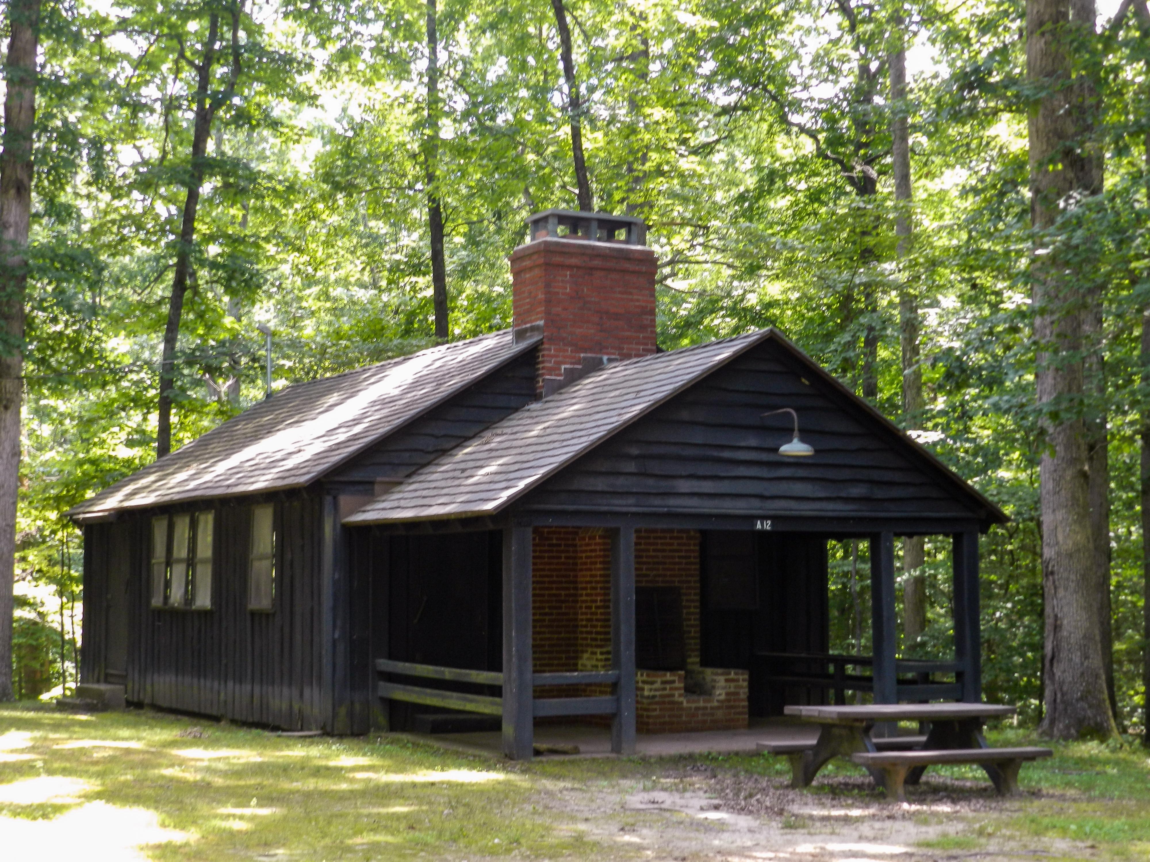 A dark brown wooden building with a brick chimney stands among woods