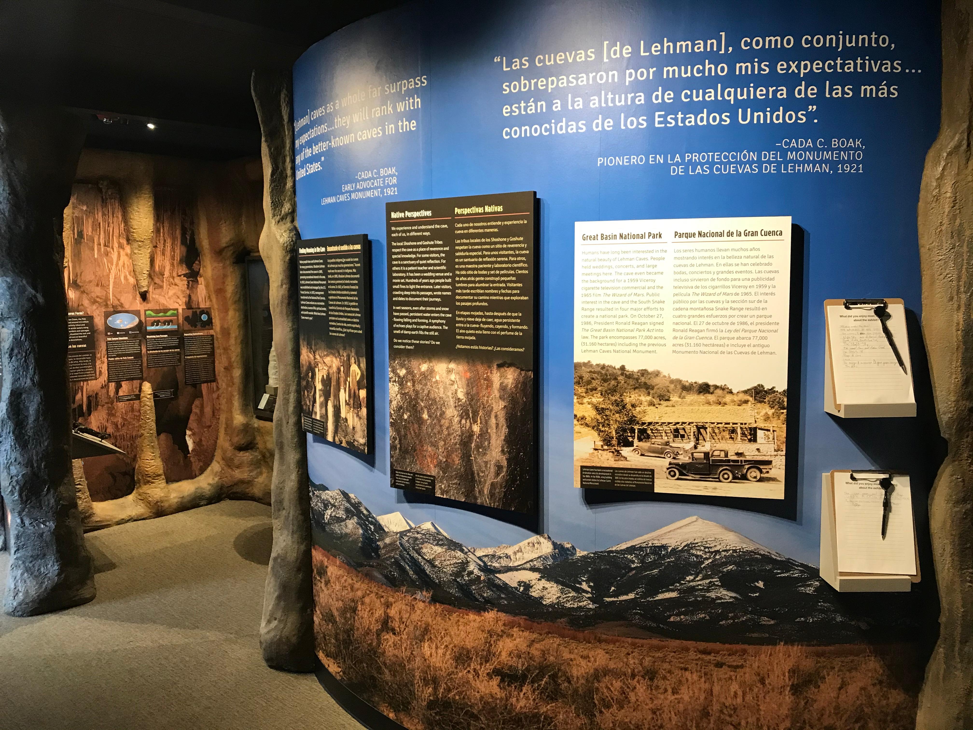 Blue wall with interpretive panels describing the people of the Great Basin.