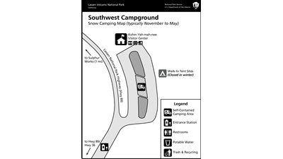 map depicting designated area for self-contained camping in the visitor center parking lot.