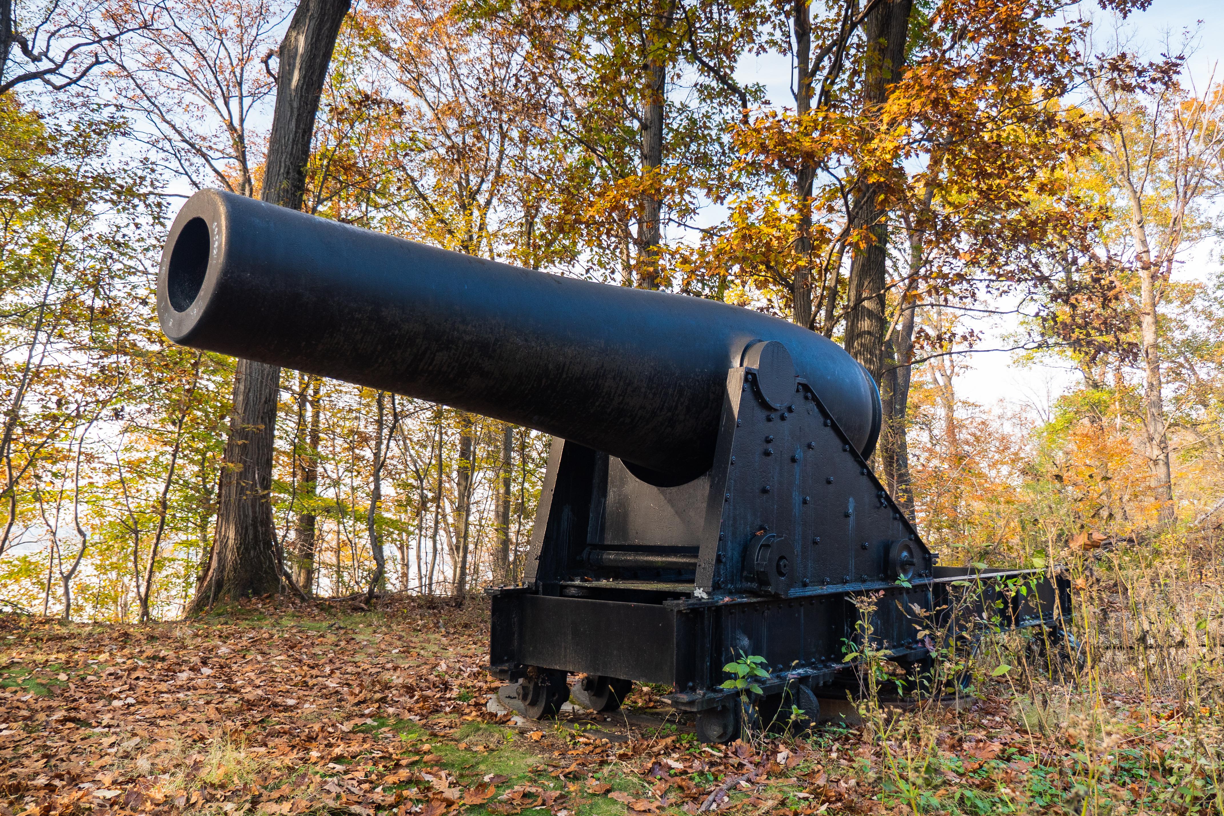 A cannon in front of fall leaves