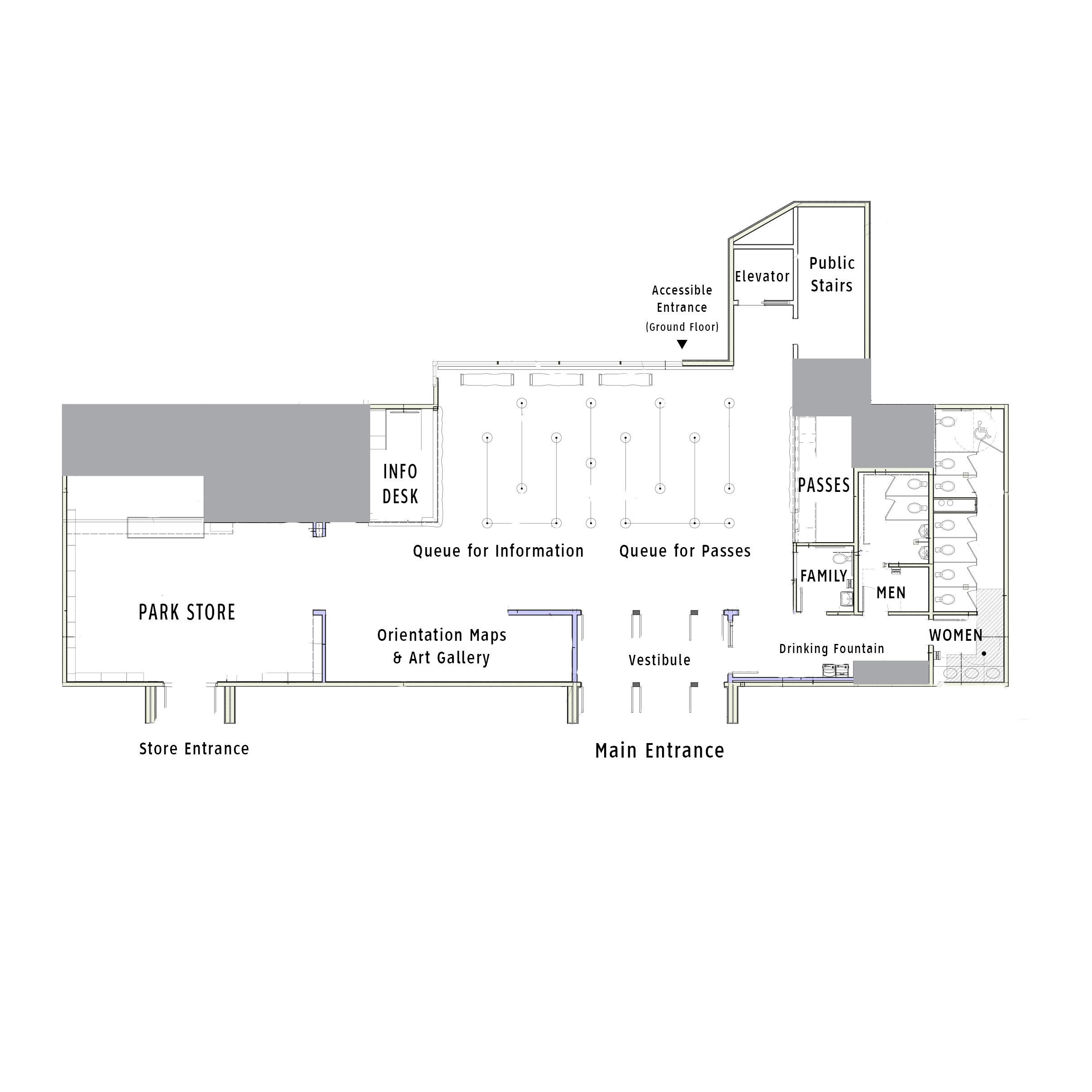Schematic drawing of the interior floor plan for Hulls Cove Visitor Center