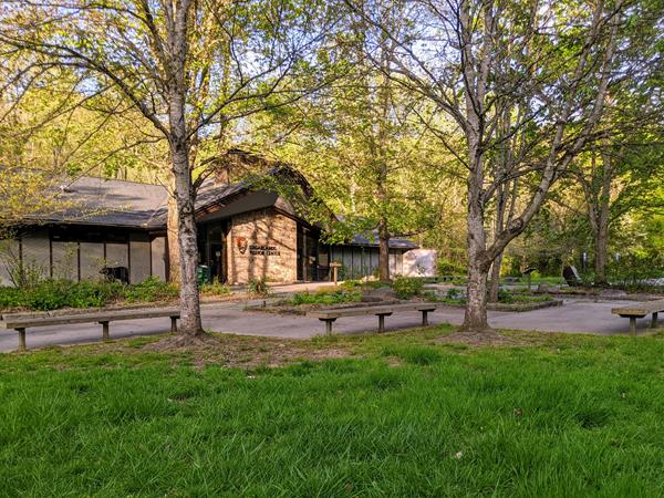 The entrance area to a building, including grass, trees, benches, sidewalks, and enclosed gardens.