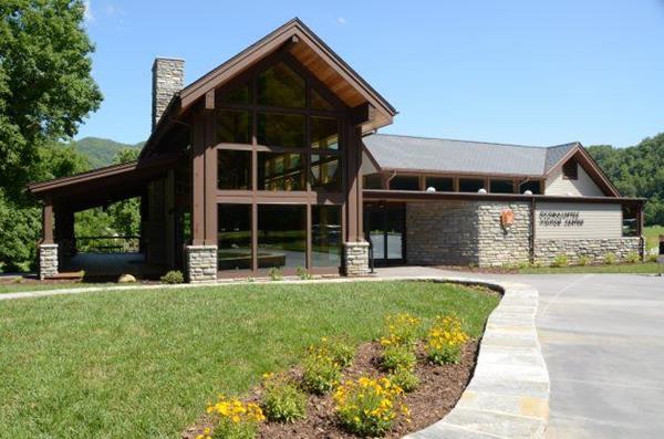 Grass and yellow flowers in front of a striking building with many windows, a porch, and a chimney.