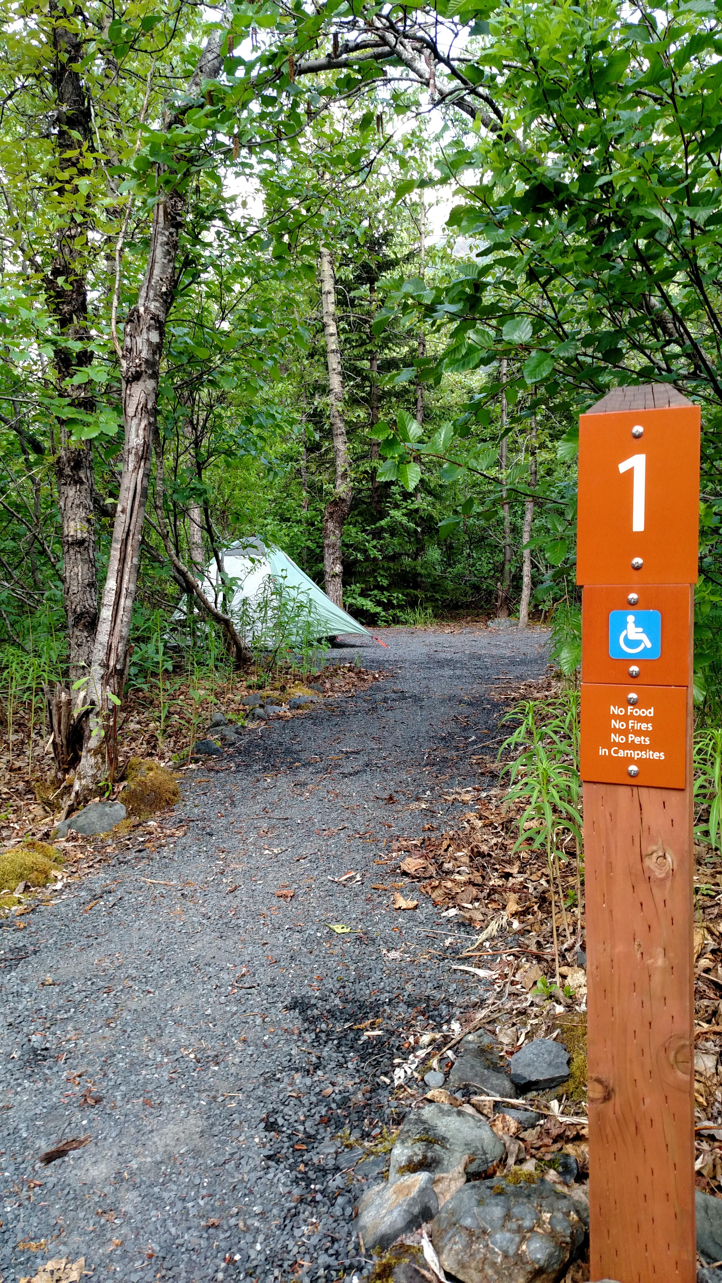 sign post showing path to site #1, ADA accessible, and No food, fires or pets.