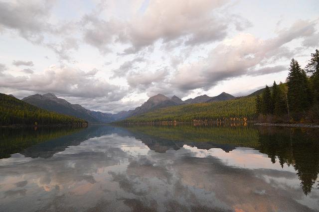 clouds, conifer forest and mountains reflected in lake