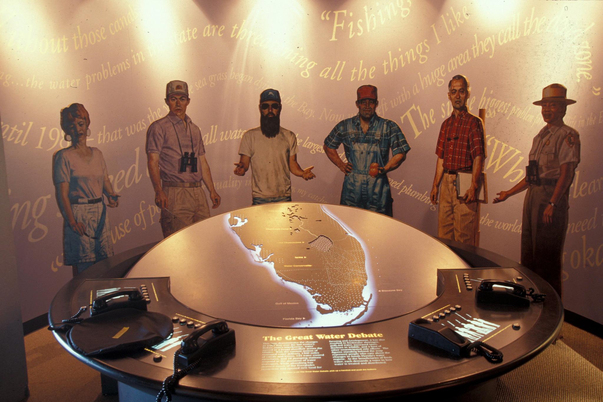 An interpretive display which shows different park users, a map and telephones that tell their story