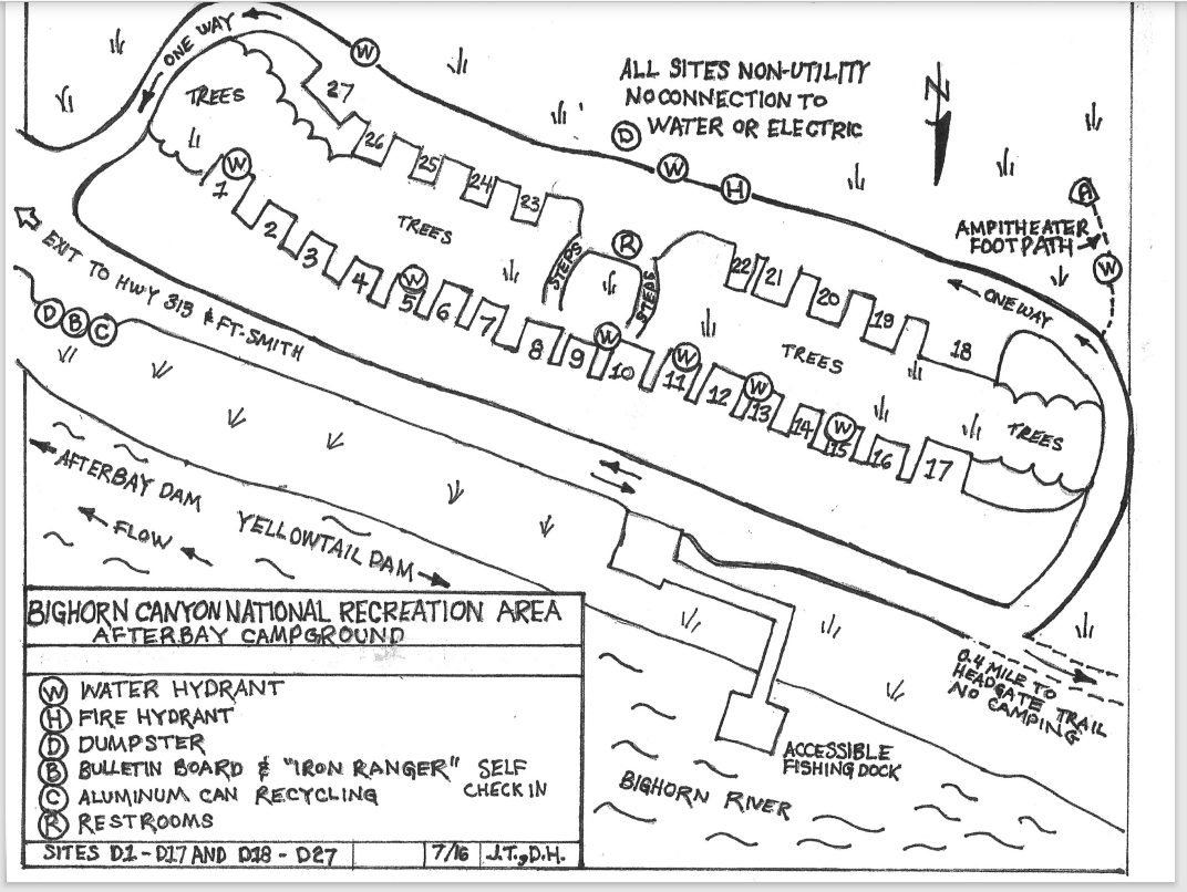A hand drawn sketch of the layout of afterbay campground.