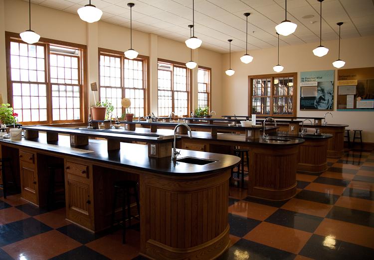 Park's science classroom with lab tables and wall exhibits on George Washington Carver.