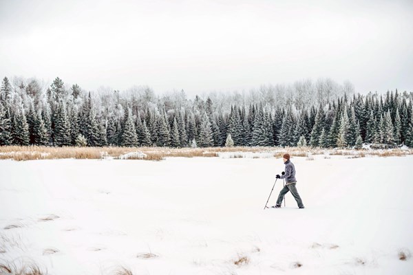 Photograph of person snowshoeing across frozen lake with snowy trees in the background.