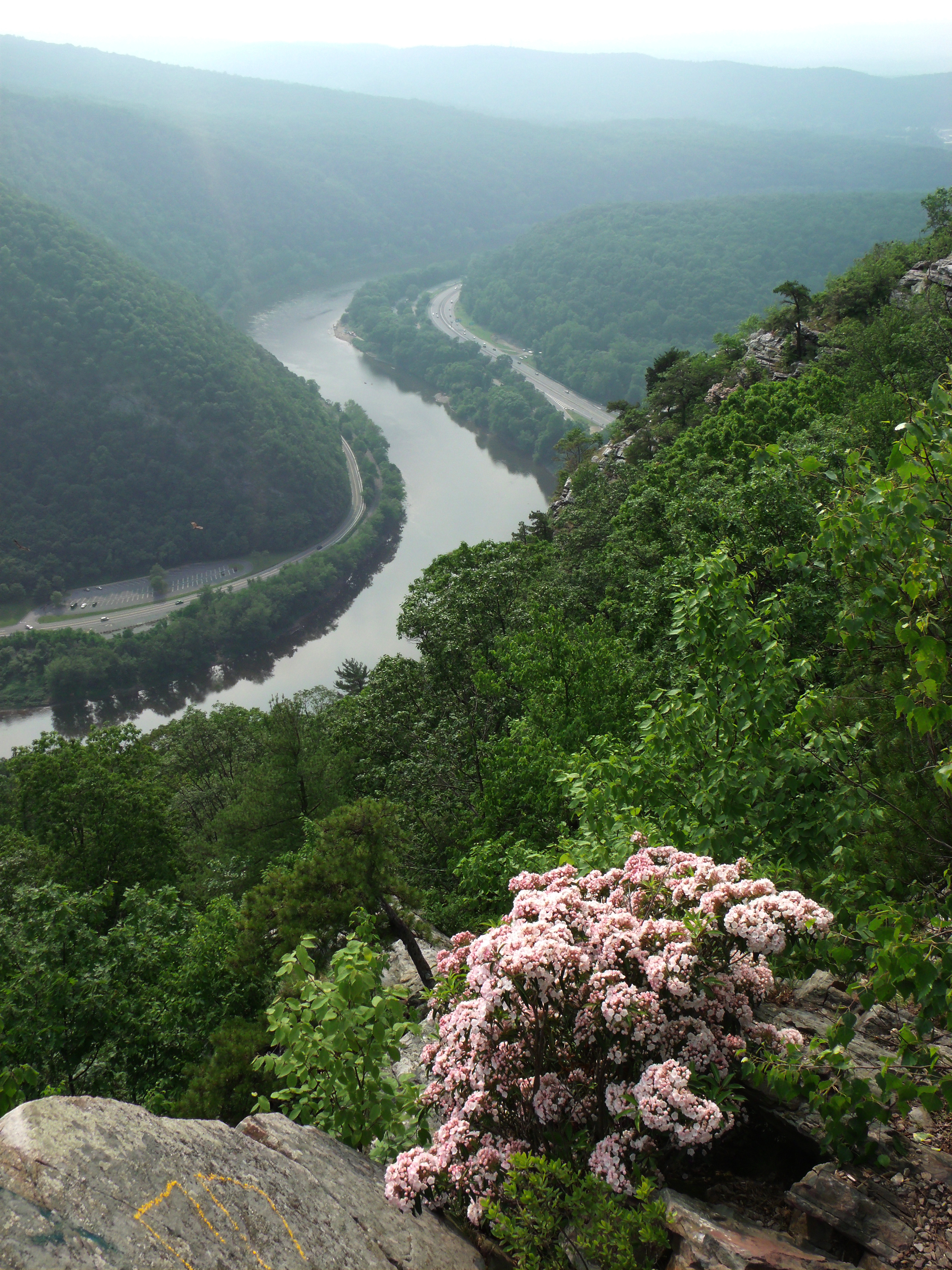 a snaking river view from a mountain top