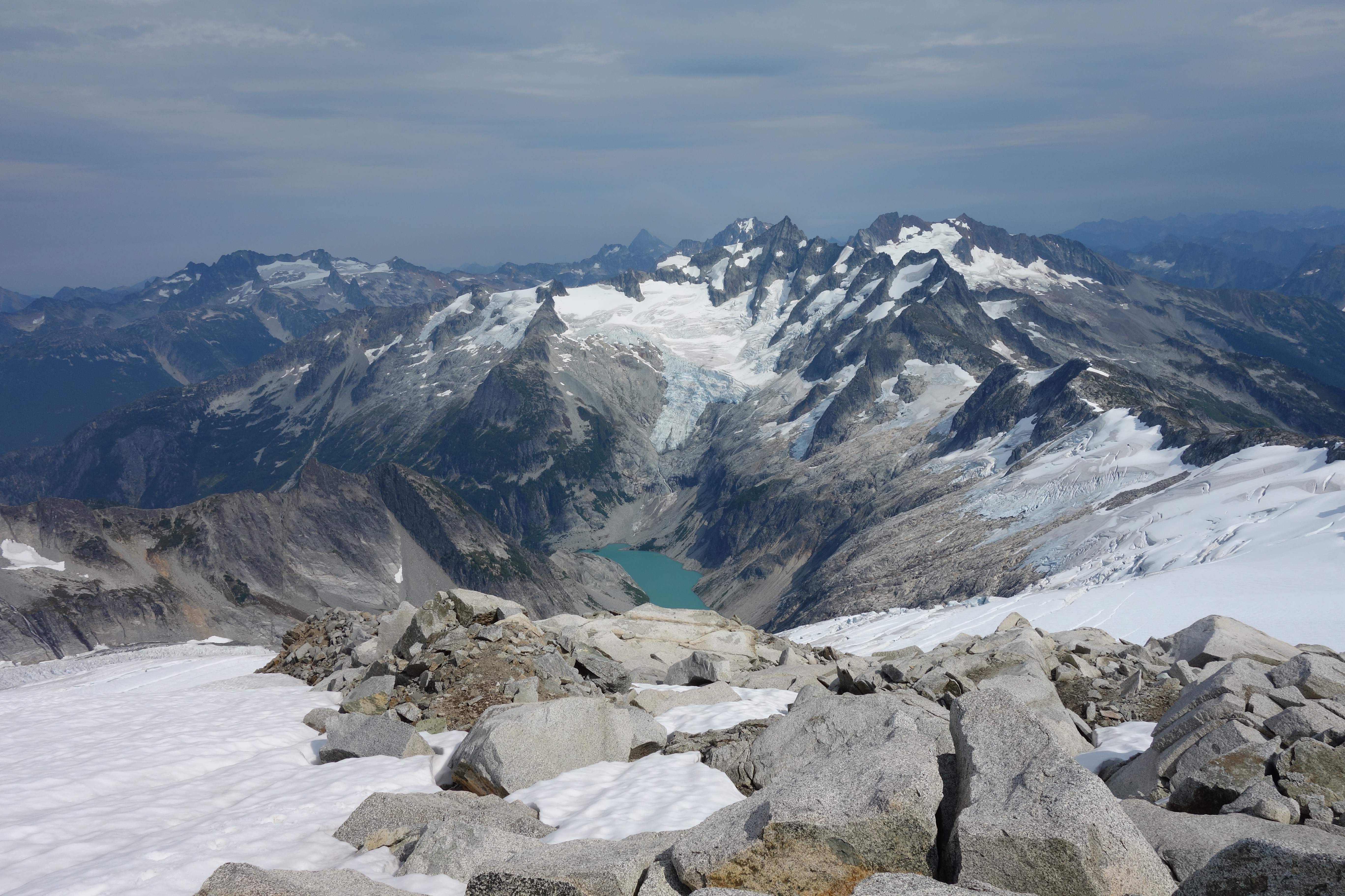 Jagged mountain peaks give way to glaciers.