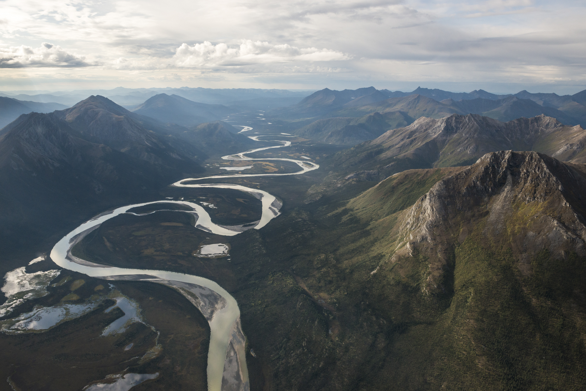 Aerial view of the Alatna River as it winds through a valley
