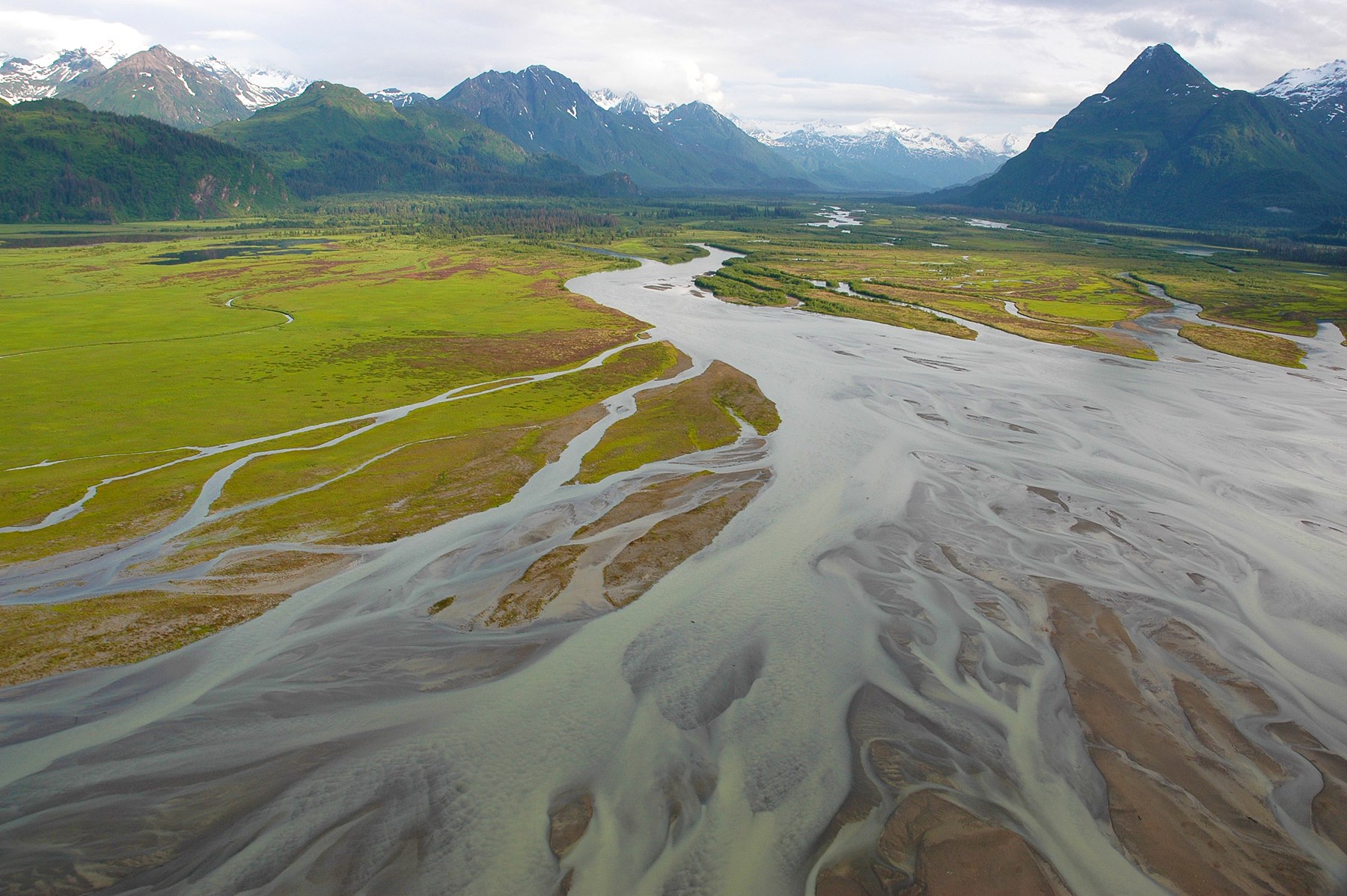 Photo of a river delta flowing into tidal flats surrounded by green salt marshes and mountains.