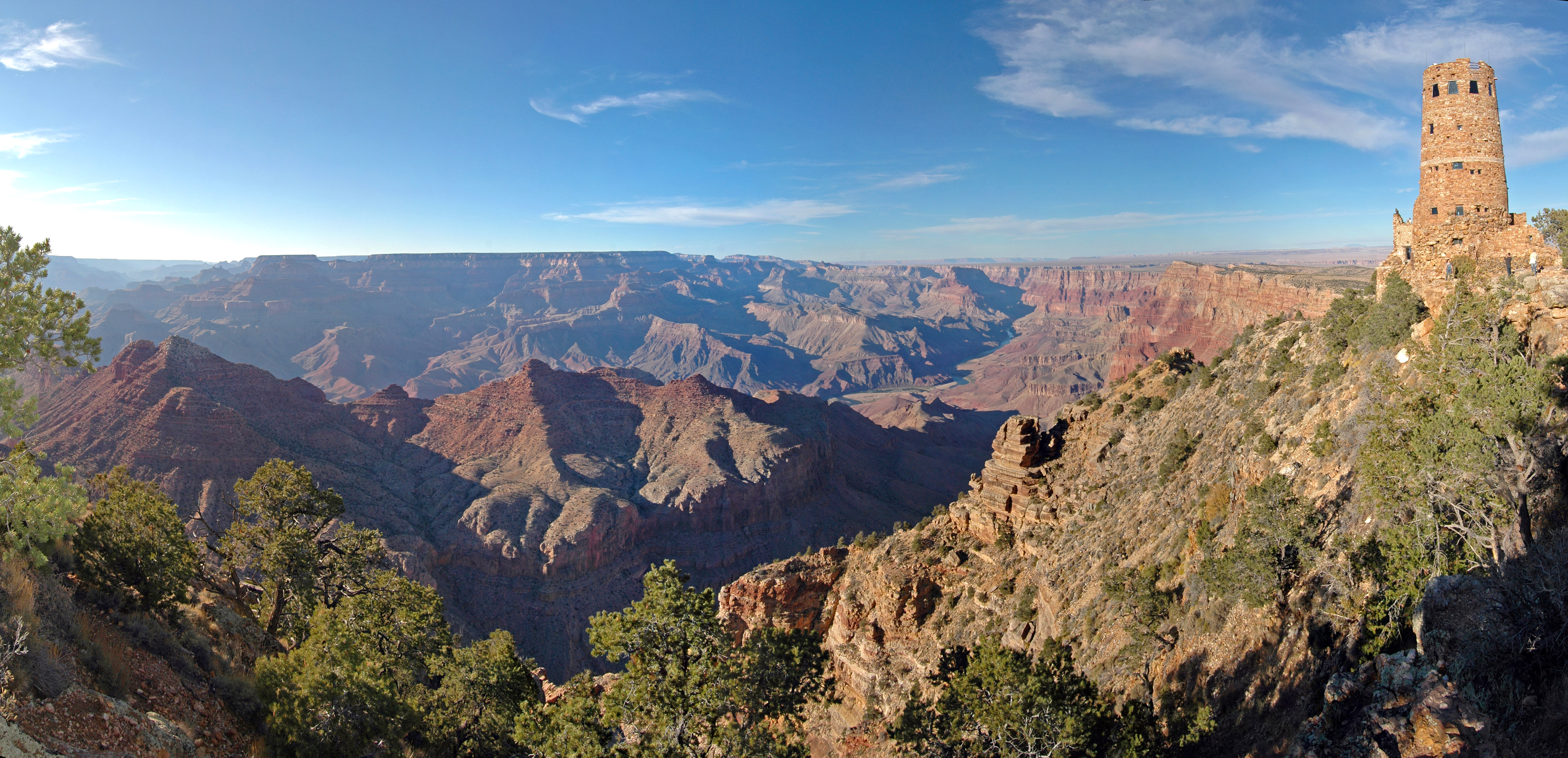 The Desert View Watchtower looms 70 feet into the air over a vast and dramatic view of the canyon.