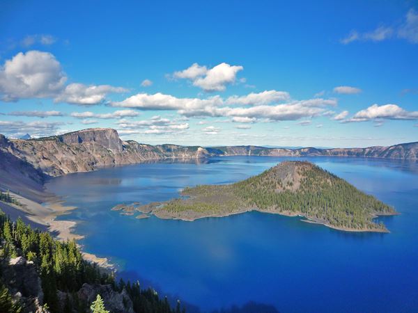 Crater Lake and Wizard Island in Oregon, on the Pacific Crest Trail's route north.