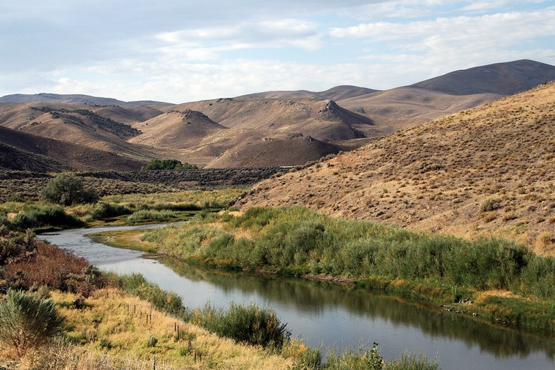 A creek in Carlin Canyon, Nevada on the California Trail A still creek winds through brown rolling hills.