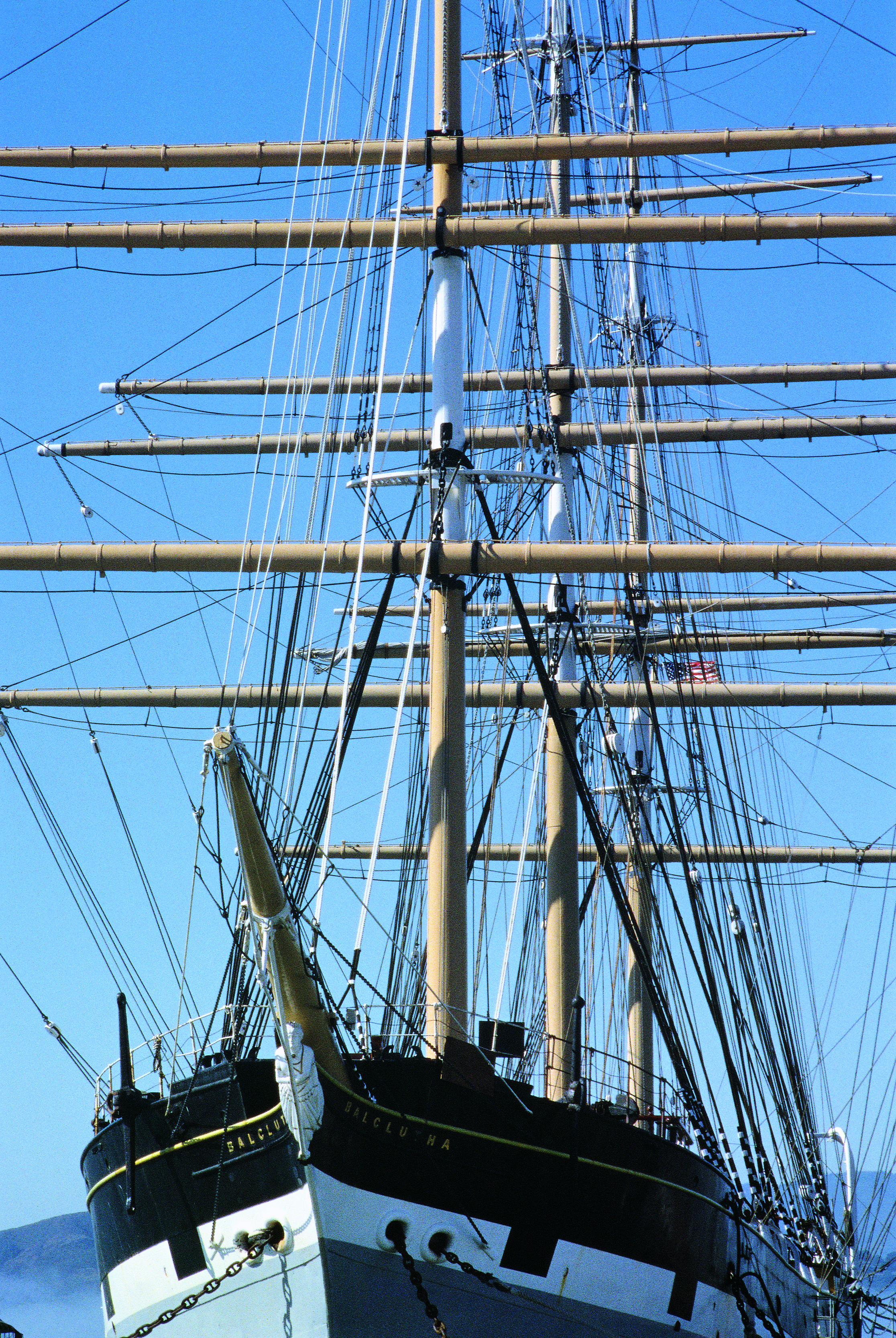 The bow and masts of a 19th century sailing ship.