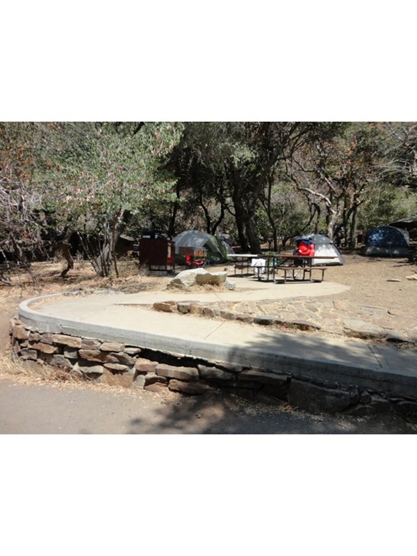 A paved ramp leads to a picnic table among oaks and tents