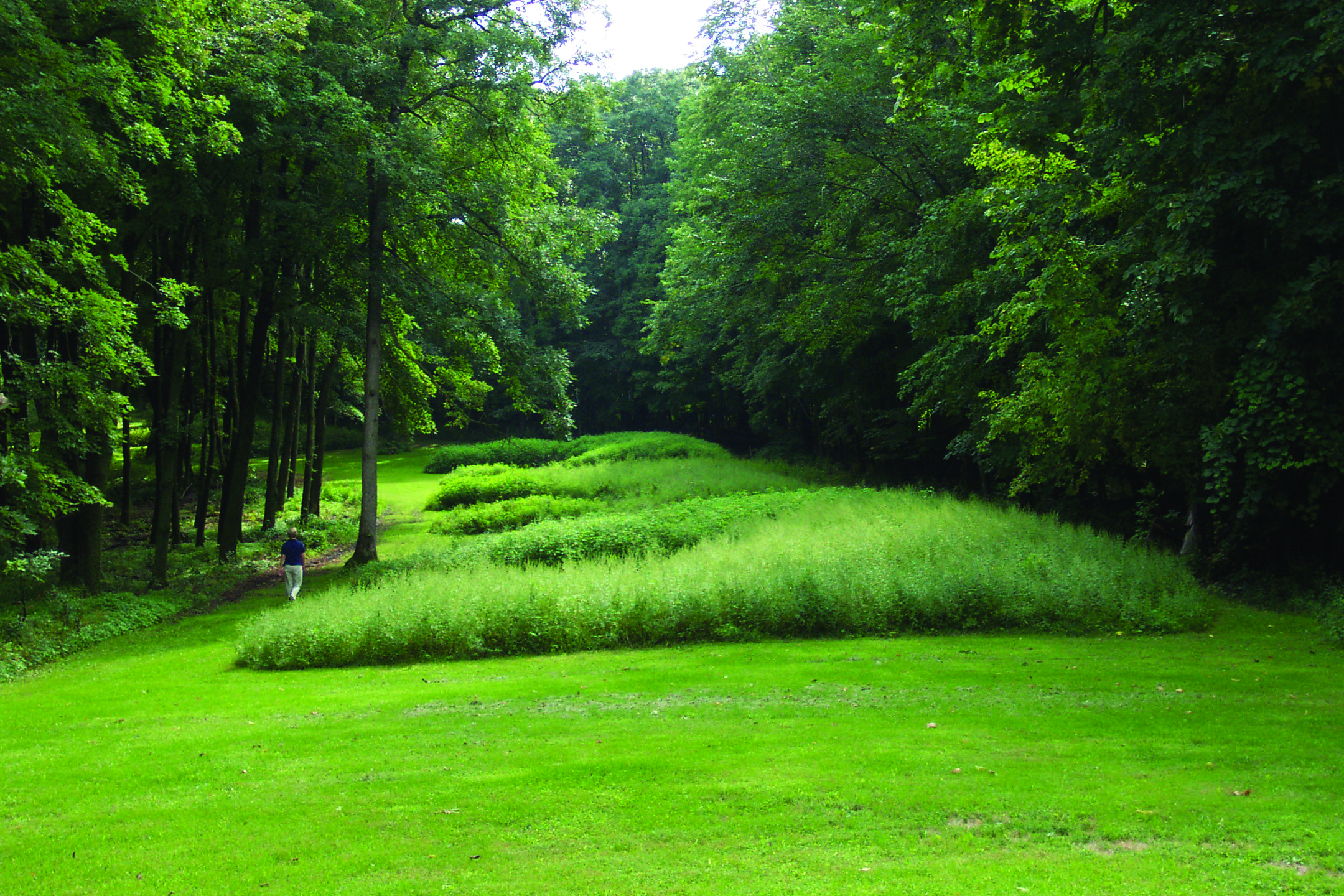 Bear Effigy Mounds with visitor walking nearby.