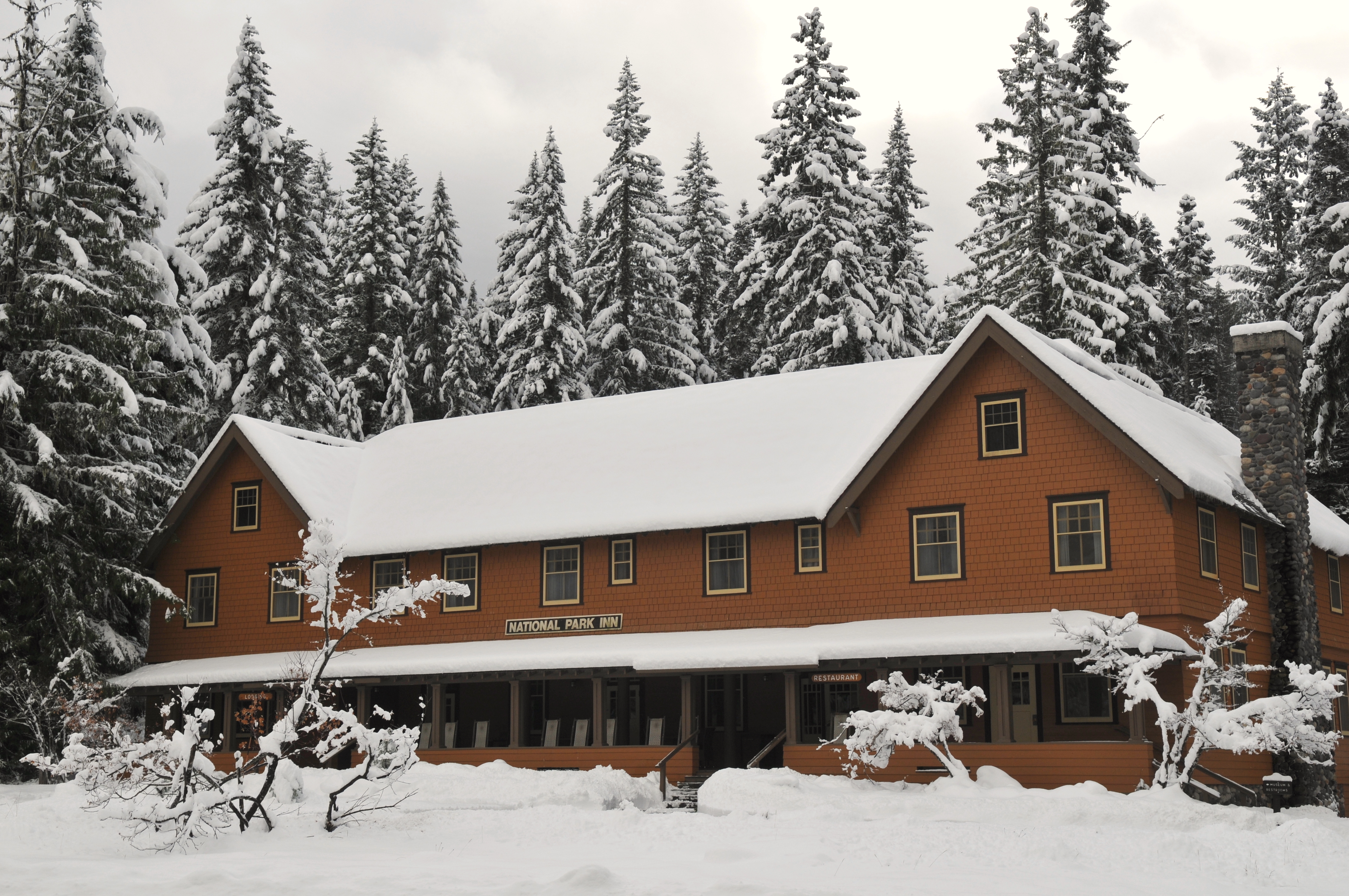 The historic National Park Inn covered in a foot of snow.