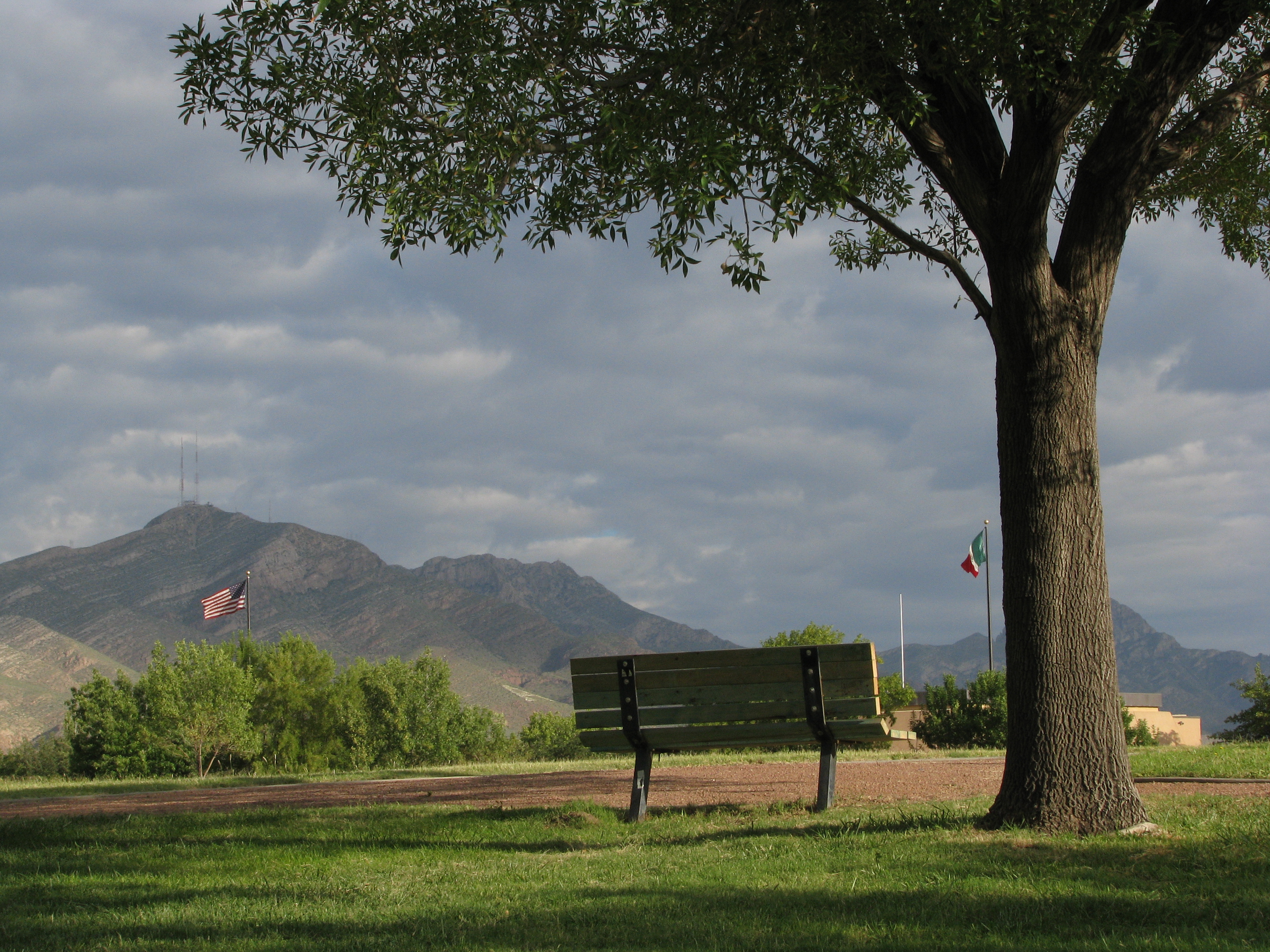 a bench next to a tree with U.S. and Mexican flags flying against a mountain background