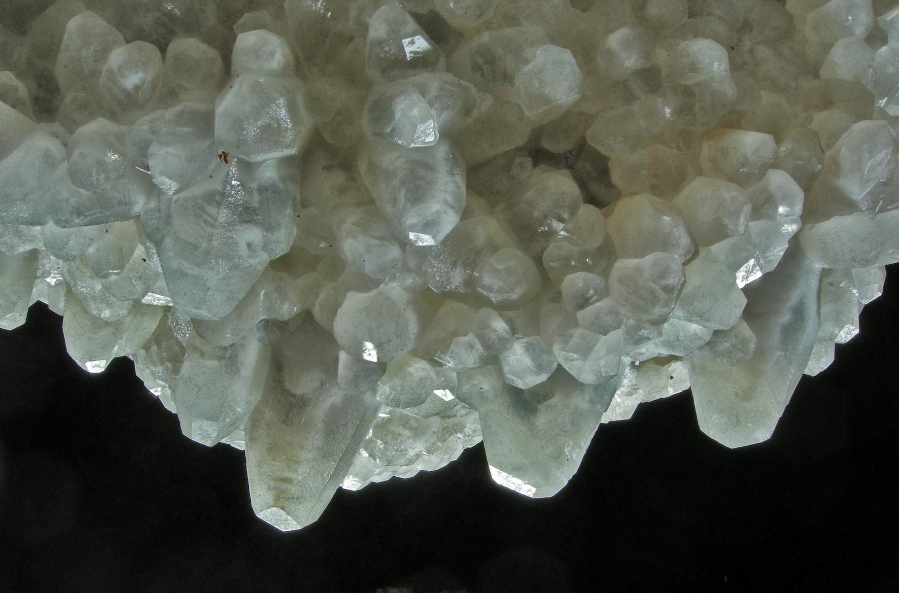 White-colored crystals with blunt tips sparkle against a black background.