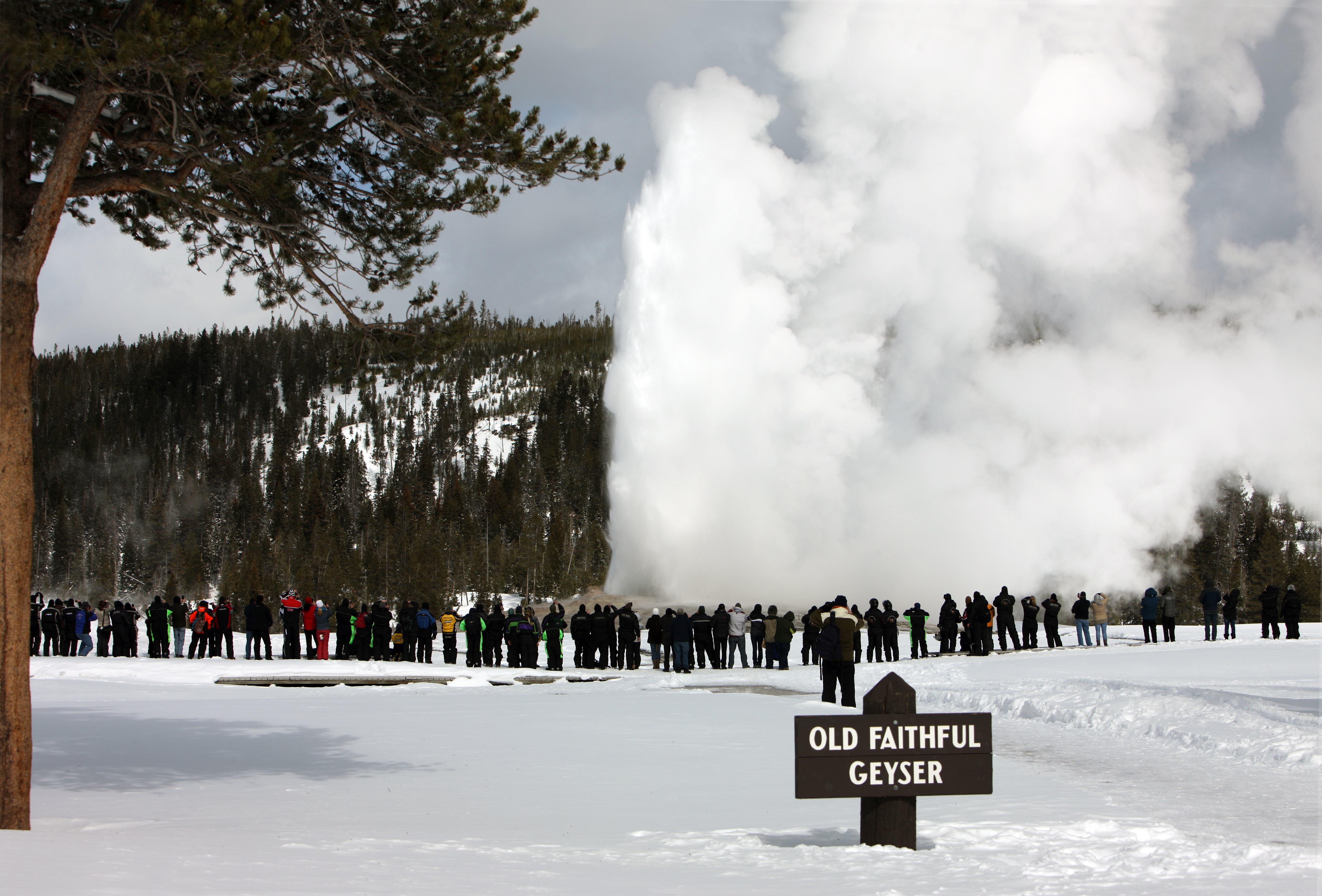 A crowd in front of an erupting geyser during a snowy winter day.